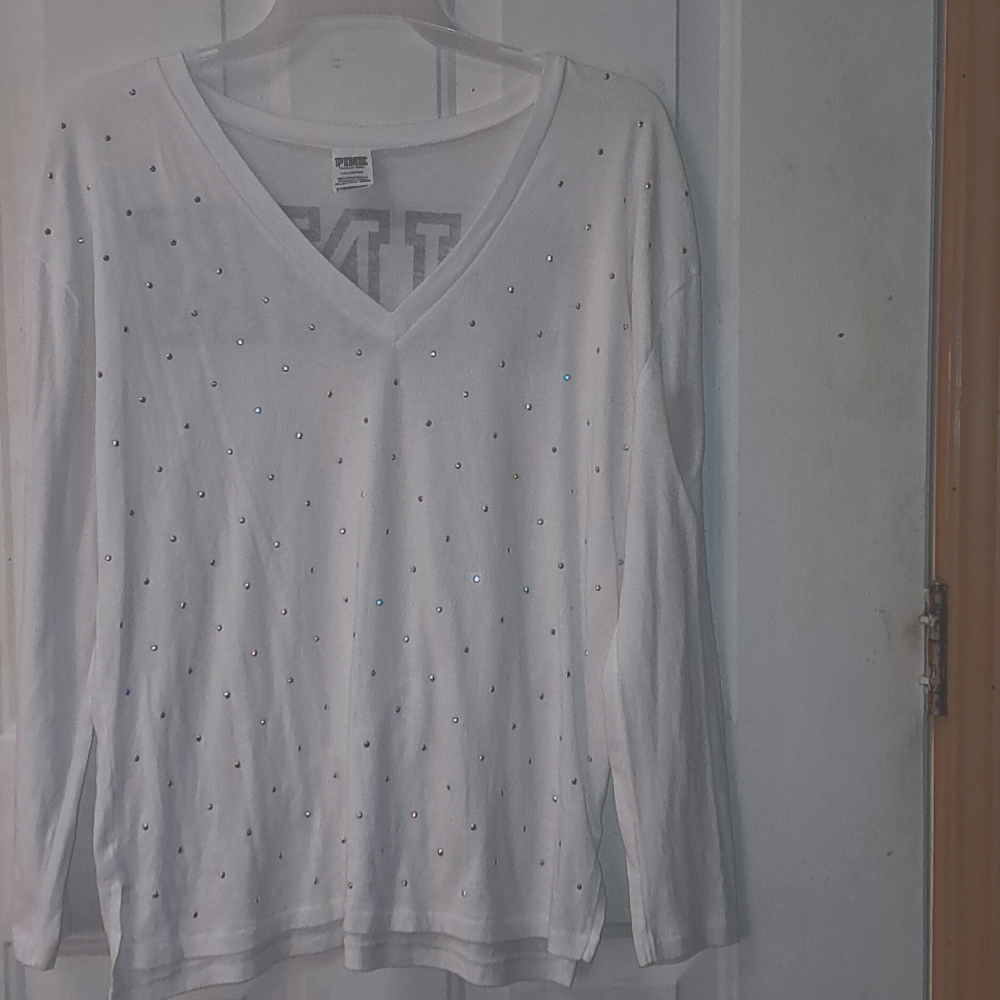 Pink VS White Rhinestone Bling Tee Woman's Large Long sleeve Shirt. 2018